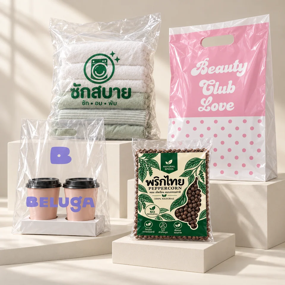 ภาพจำลองถุงหลากหลายธุรกิจ: ถุงหิ้วแก้ว BELUGA ถุง Beauty Club Love ถุงพริกไทย และถุงซักสบาย